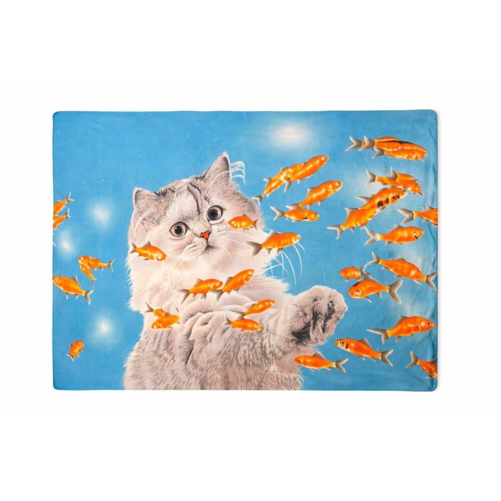 Cat Kitten Goldfish Fleece Throw Blanket Blue Koi Fish Soft Plush 45x70